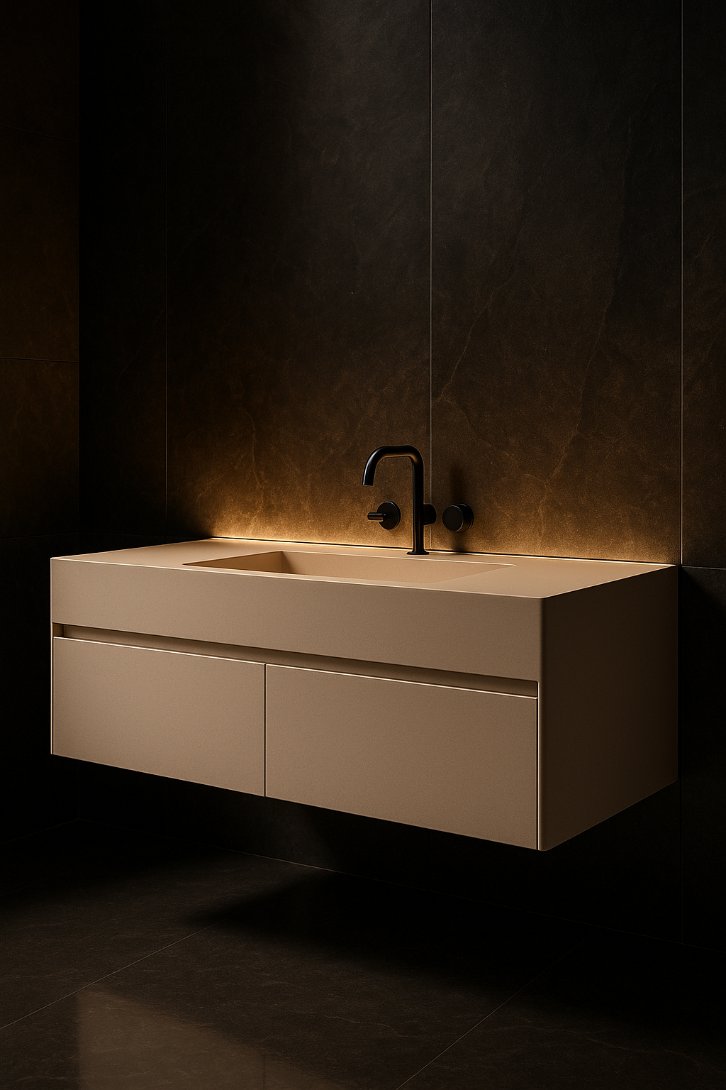 Aether — Wall-Hung Vanity in a dark luxury setting