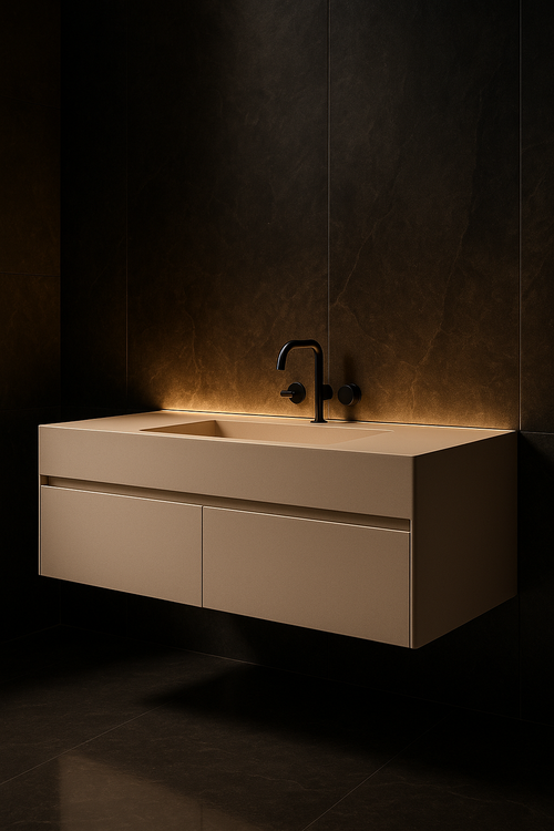 Aether — Wall-Hung Vanity in a dark luxury setting