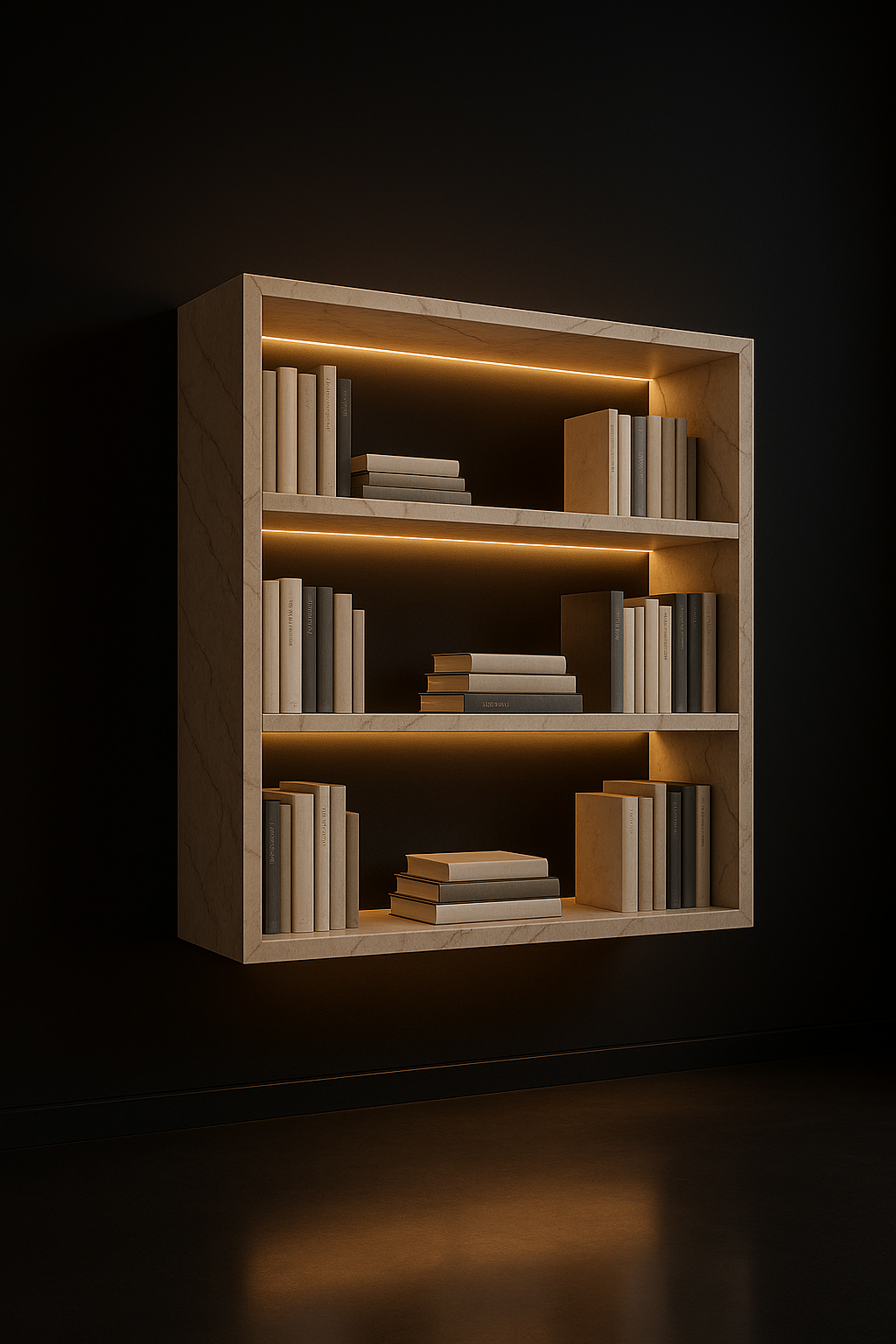 Aether — Floating Bookshelf Wall Unit in a dark luxury setting