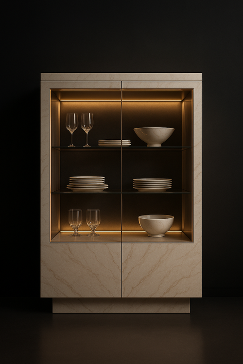 Aether — Dining Display Cabinet in a dark luxury setting