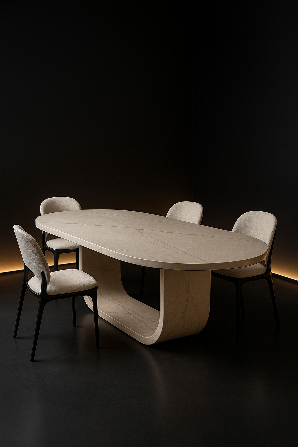 Aether — Oval Corian Dining Table in a dark luxury setting