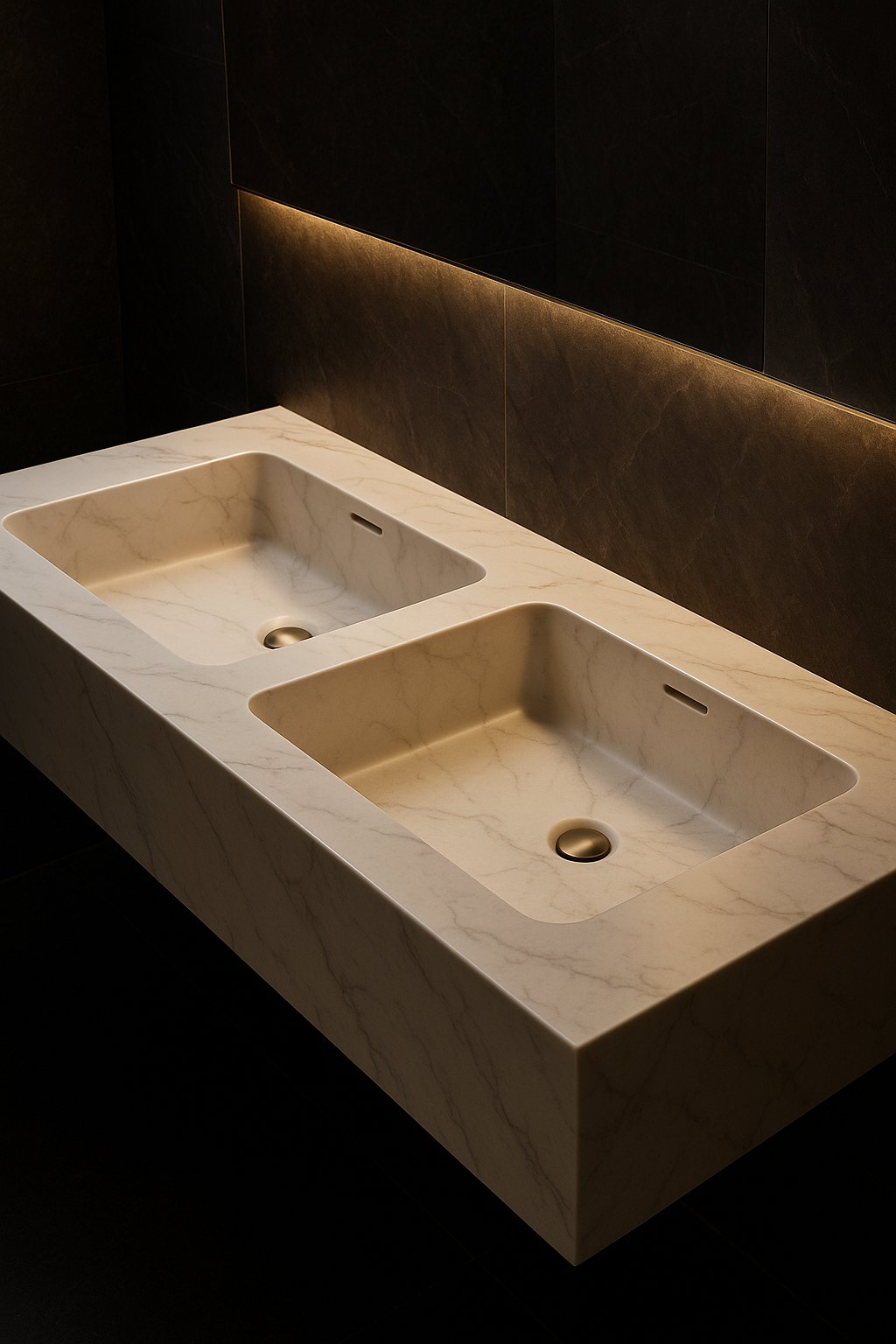 Arc — Double-Basin Vanity in a dark luxury setting