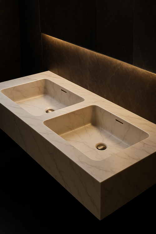 Arc — Double-Basin Vanity in a dark luxury setting