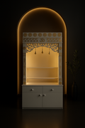 Architectural Corian Altar with Storage and Pillars in a dark luxury setting