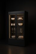 Aria — Glass-Front Crockery Unit in a dark luxury setting