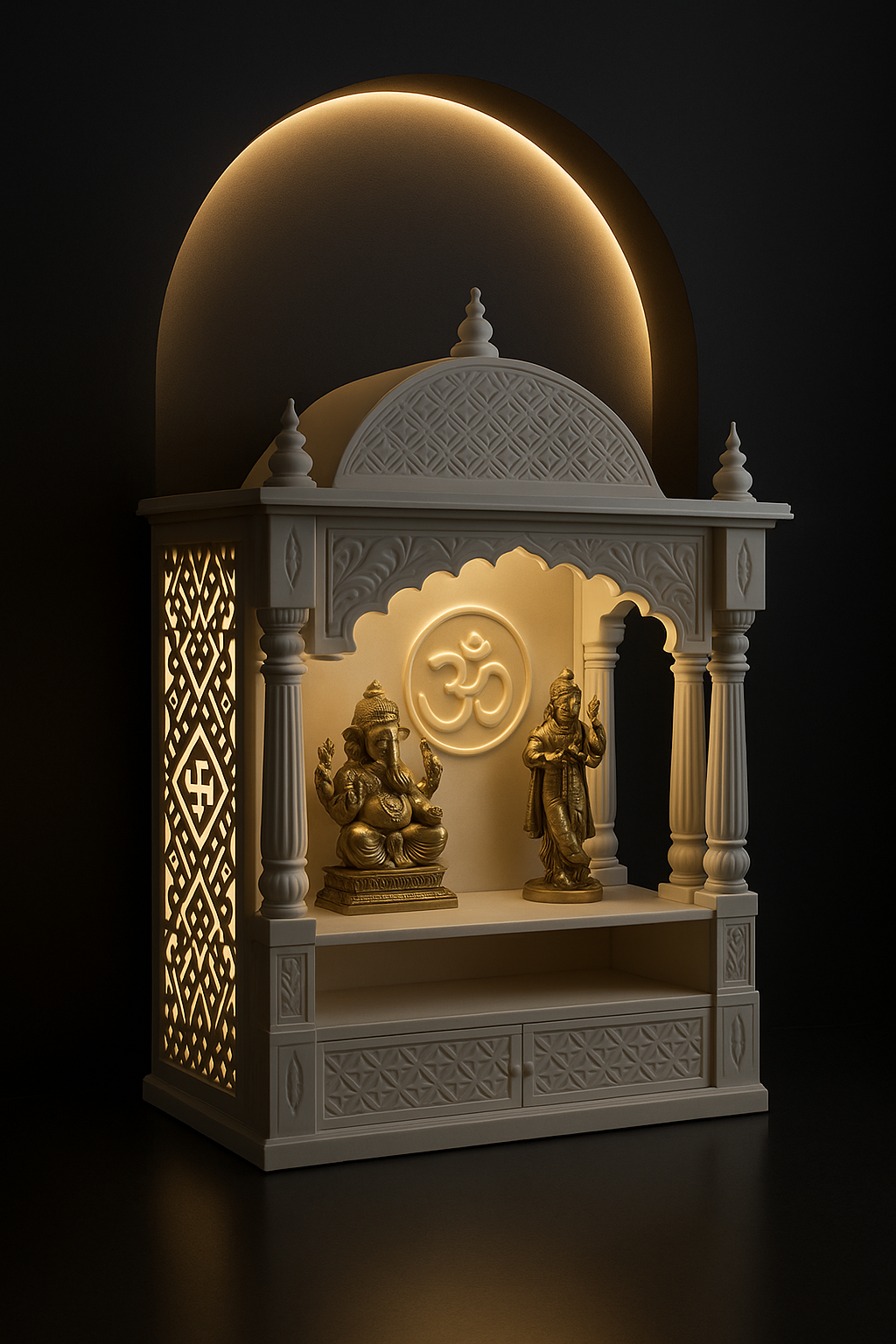 Artisanal Compact Corian Altar with Sculpted Features in a dark luxury setting