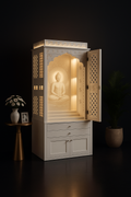 Artisanal Corian Jain Shrine with Ashtamangal Door in a dark luxury setting