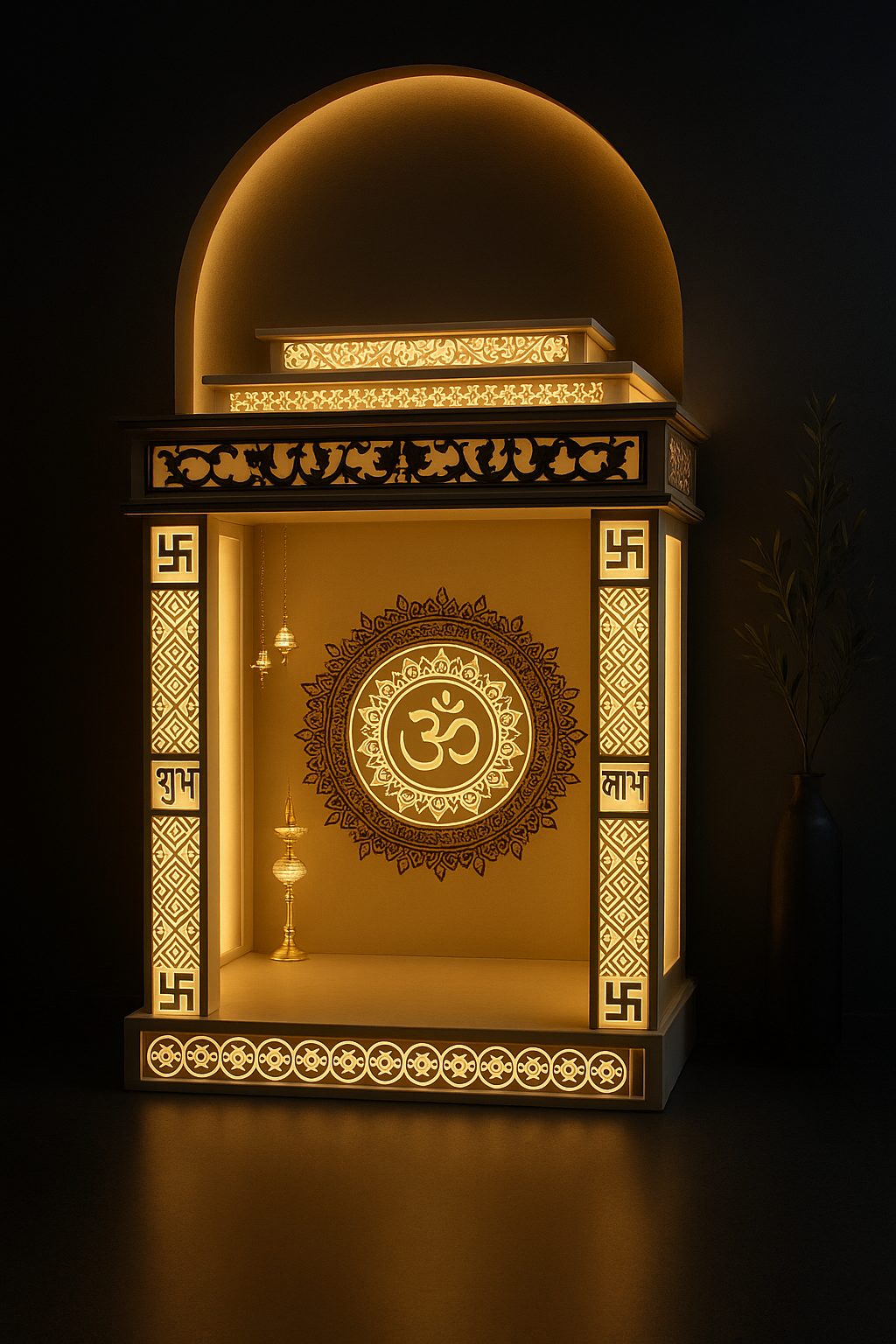 Aurelia backlit LED pillar Corian mandir glowing in a dark gallery setting