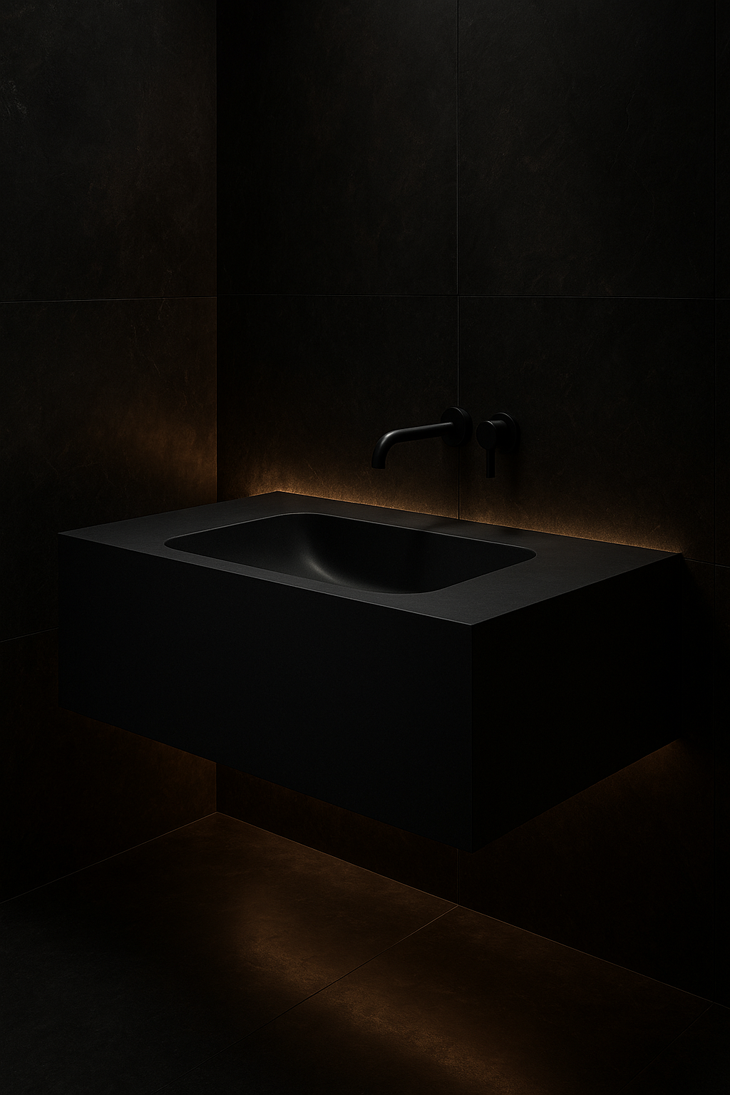 Aurora — Single-Basin Floating Vanity in a dark luxury setting