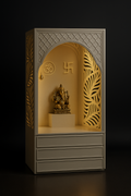 Banana Leaf Jali Corian Altar — Artful Fretwork Design in a dark luxury setting