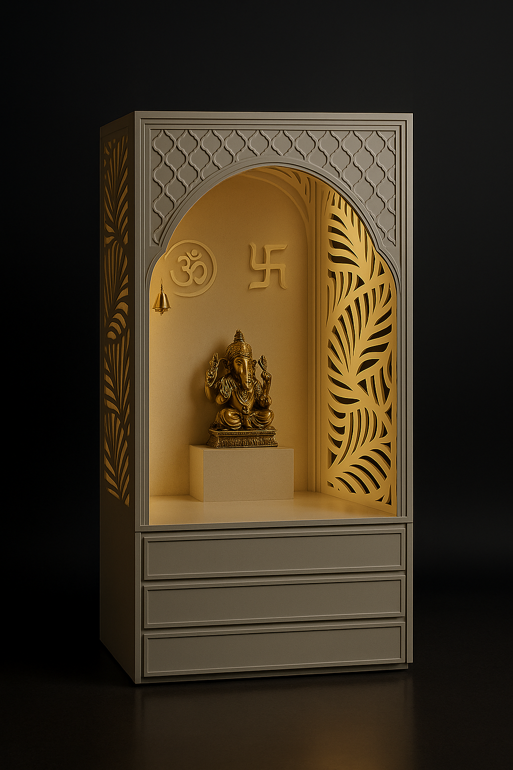 Banana Leaf Jali Corian Altar — Artful Fretwork Design in a dark luxury setting