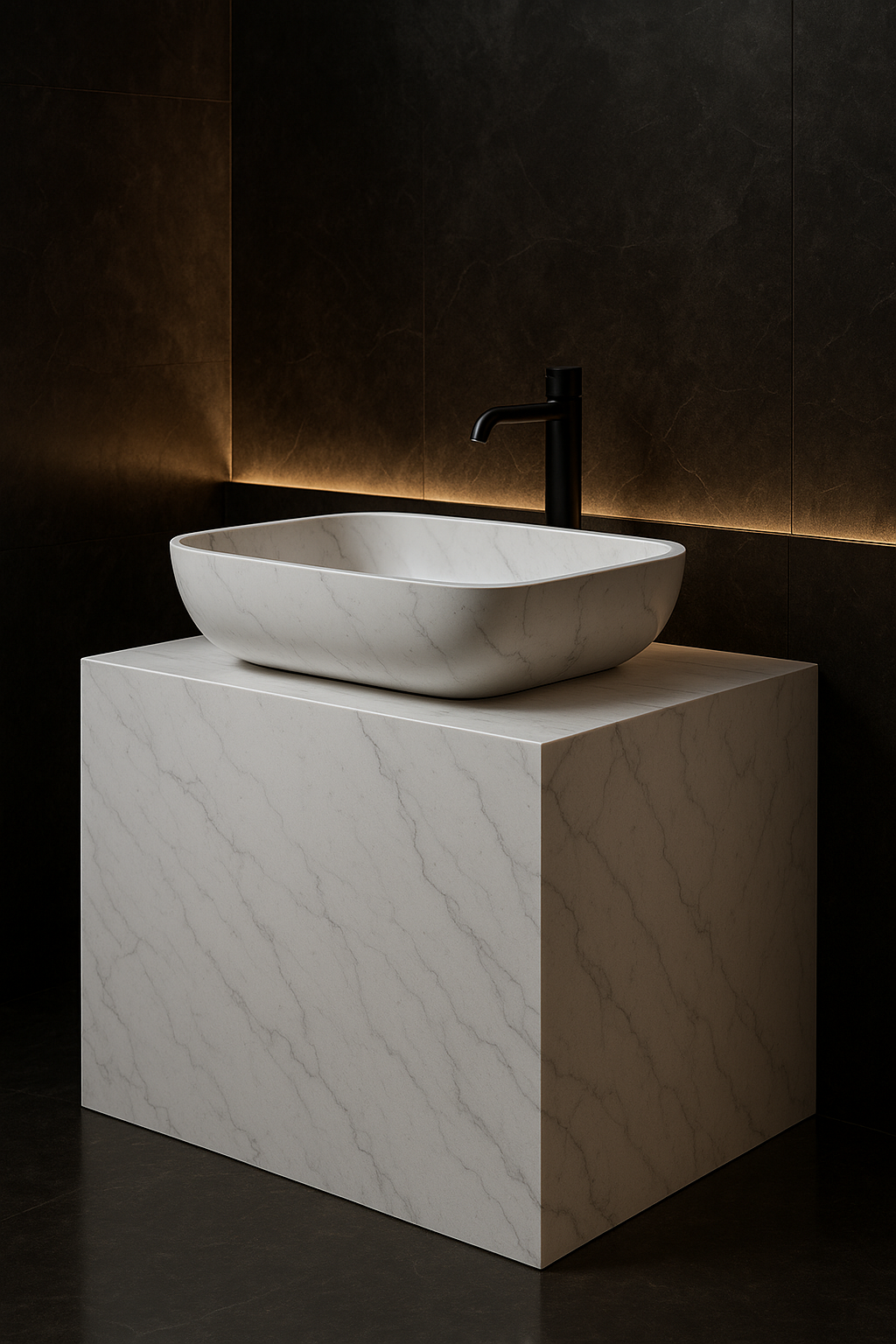 Basalt — Vessel-Basin Counter Vanity in a dark luxury setting