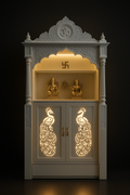 Bespoke Acrylic Pooja Sanctuary with Custom Jaali Design in a dark luxury setting