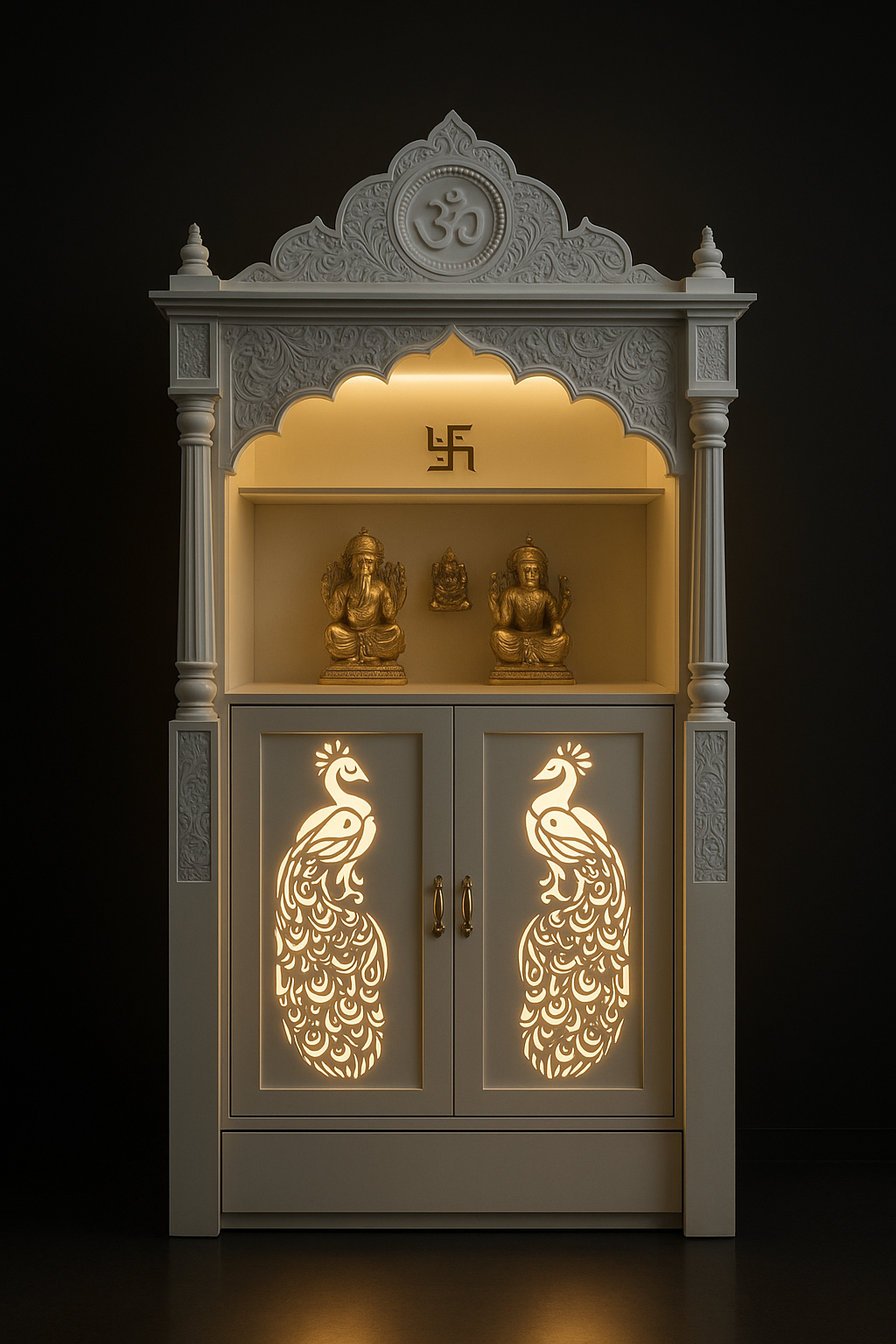 Bespoke Acrylic Pooja Sanctuary with Custom Jaali Design in a dark luxury setting