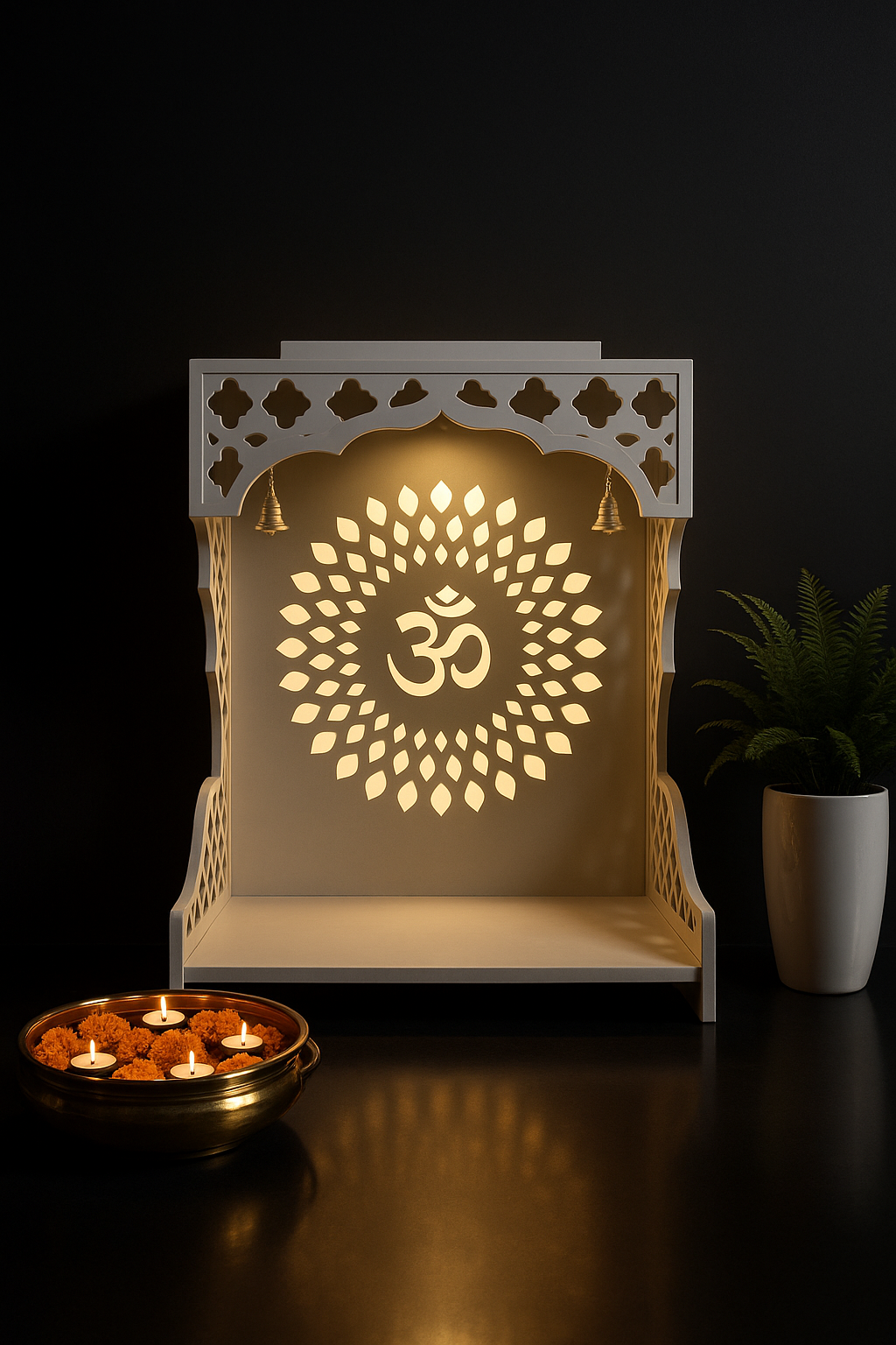 Bespoke Wall-Mounted Corian Puja Altar in a dark luxury setting