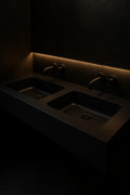 Calibre — Double-Basin Vanity in a dark luxury setting
