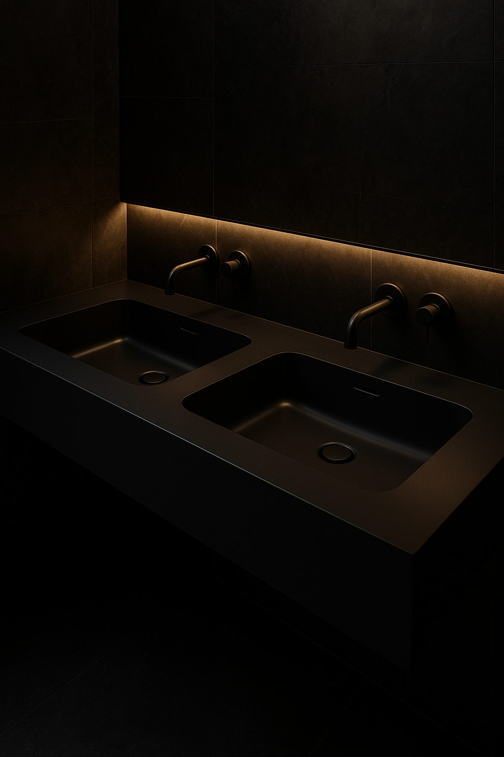 Calibre — Double-Basin Vanity in a dark luxury setting