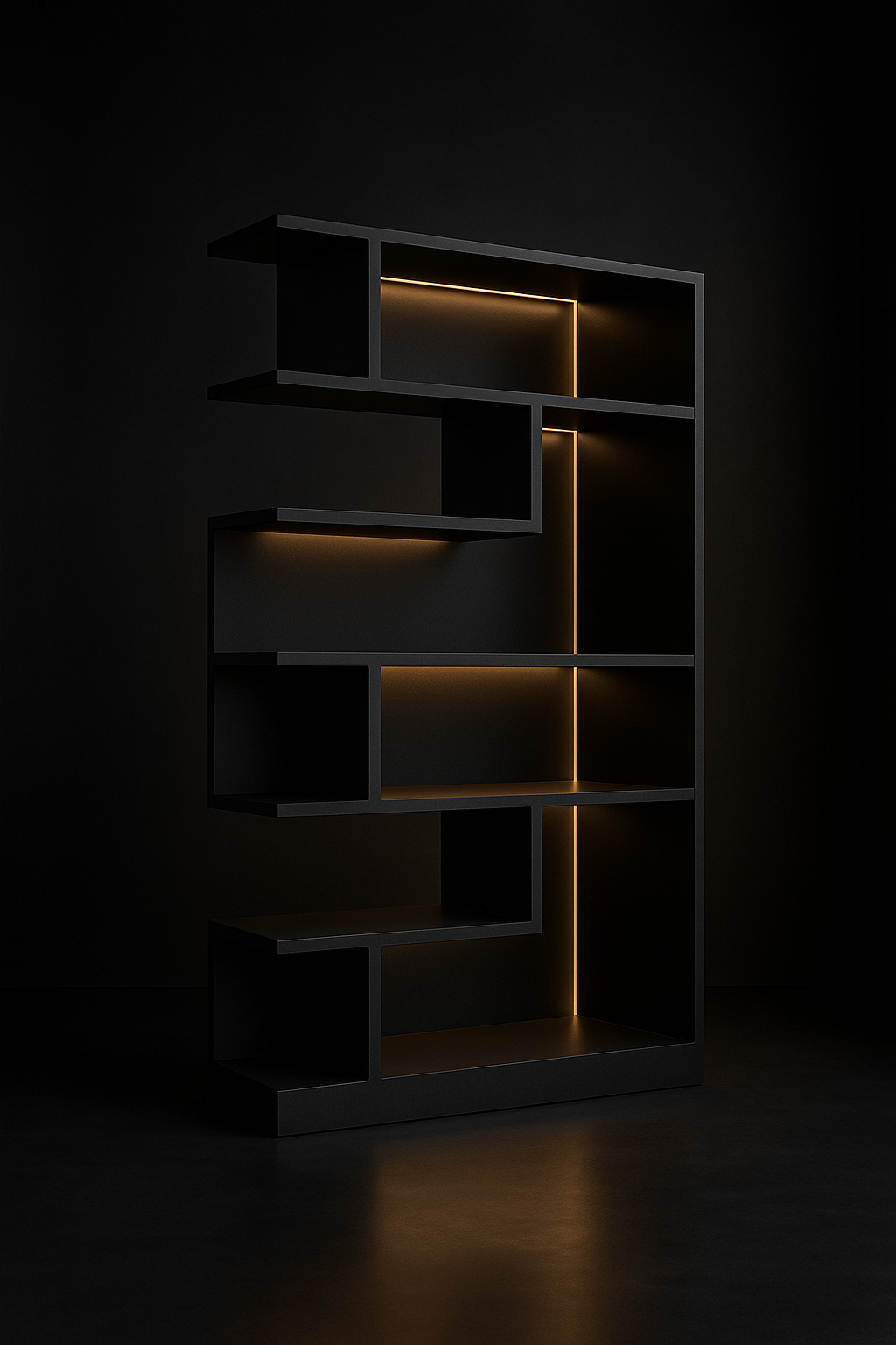 Calibre — Asymmetric Display Bookcase in a dark luxury setting