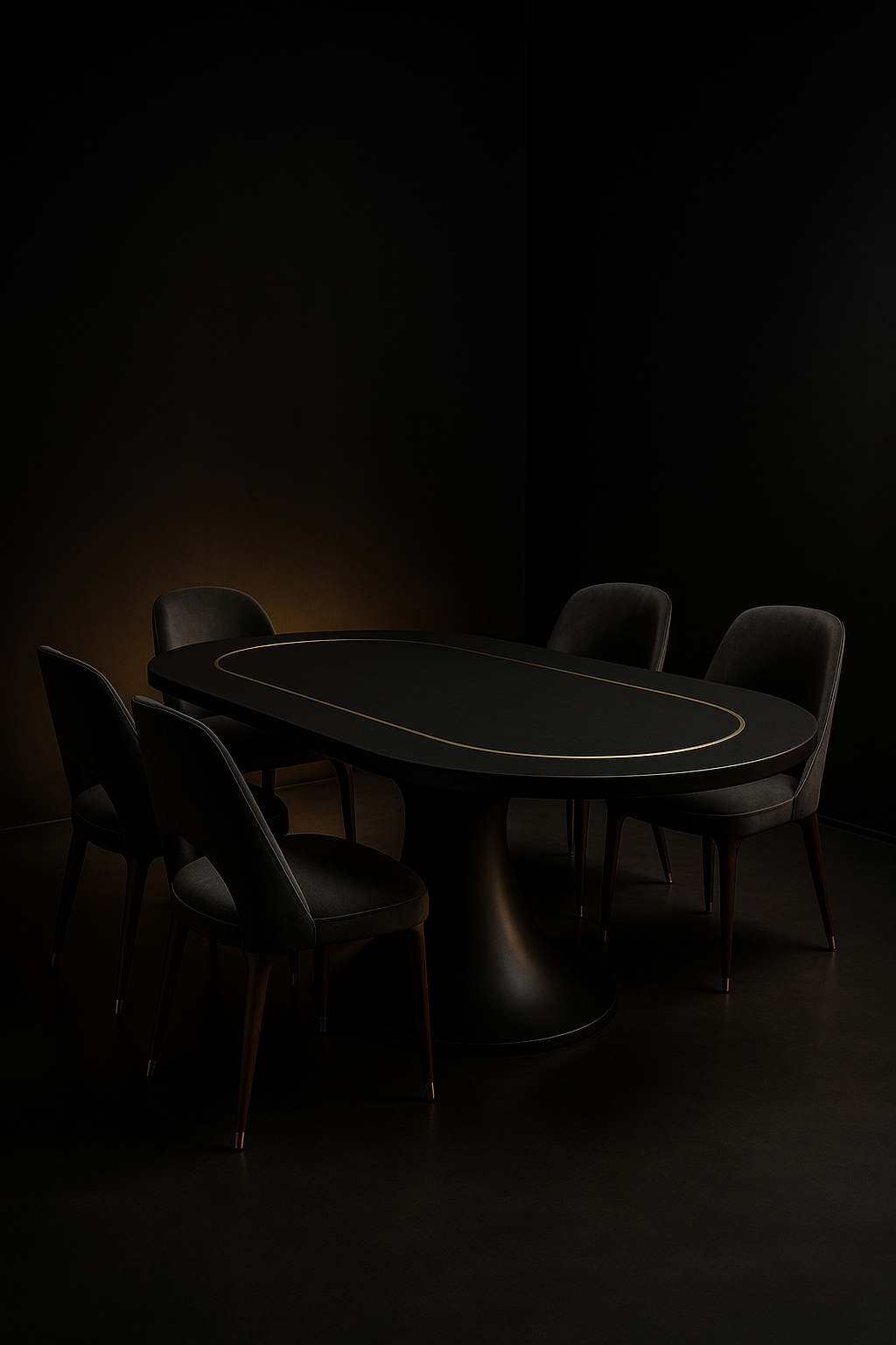 Calibre — Racetrack Corian Dining Table in a dark luxury setting