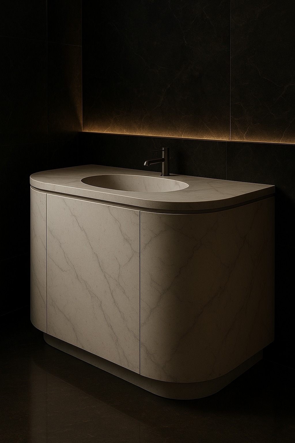 Cascade — Curved-Front Vanity in a dark luxury setting
