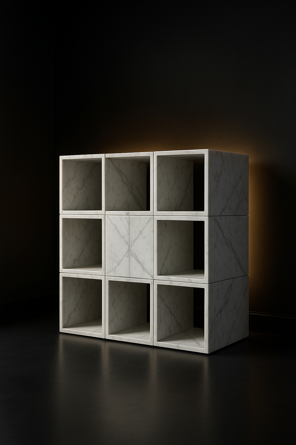 Cascade — Modular Cube Bookshelf in a dark luxury setting