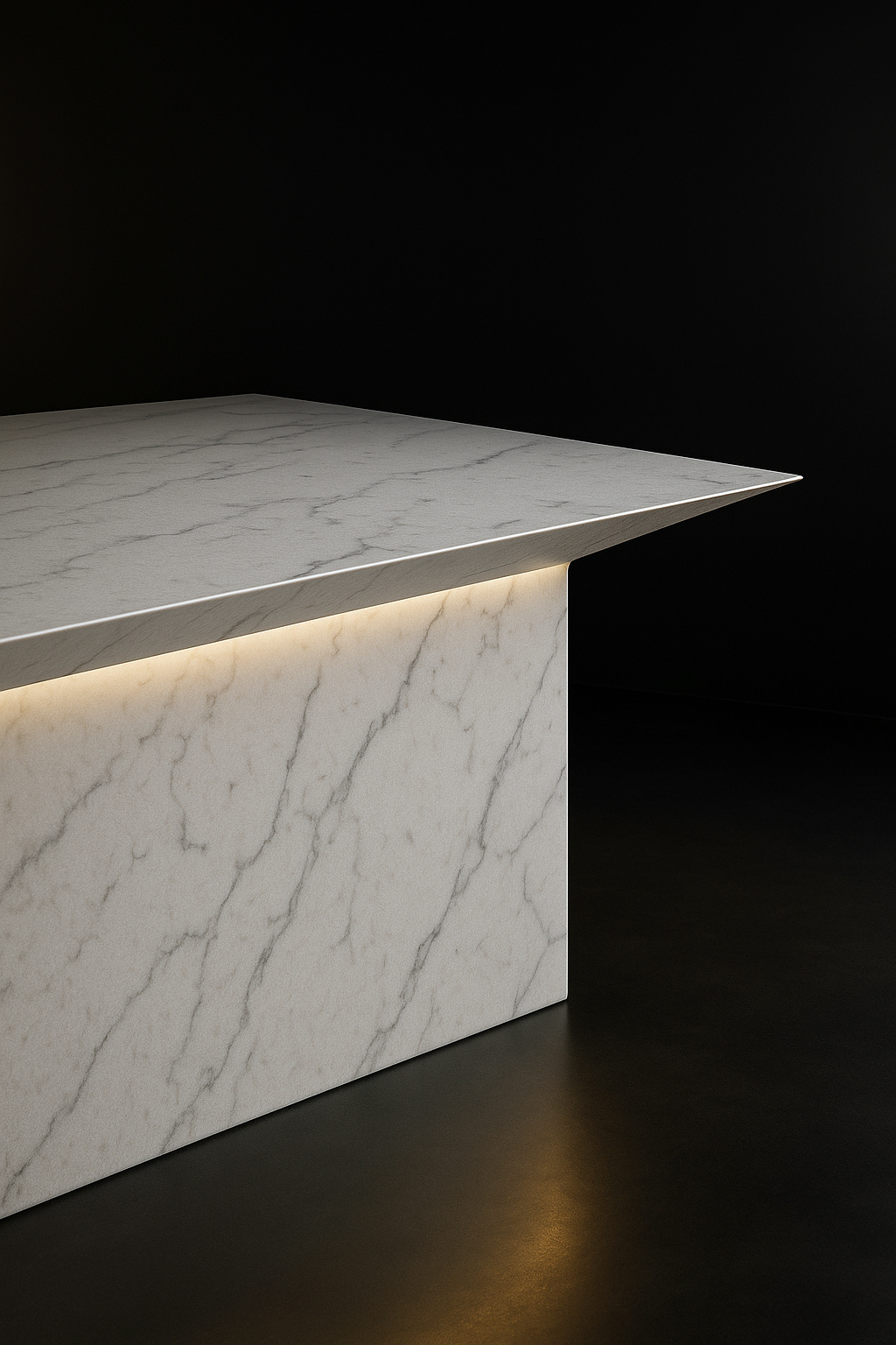 Cascade — Waterfall-Edge Worktop in a dark luxury setting