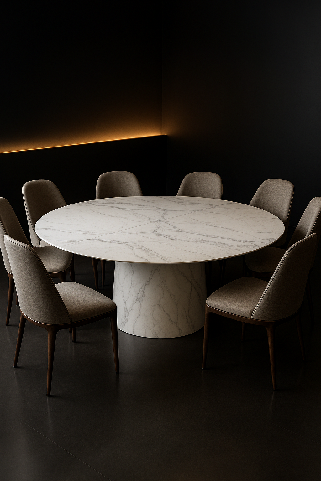 Cascade — Round Corian Dining Table in a dark luxury setting