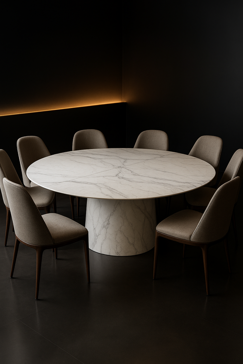 Cascade — Round Corian Dining Table in a dark luxury setting