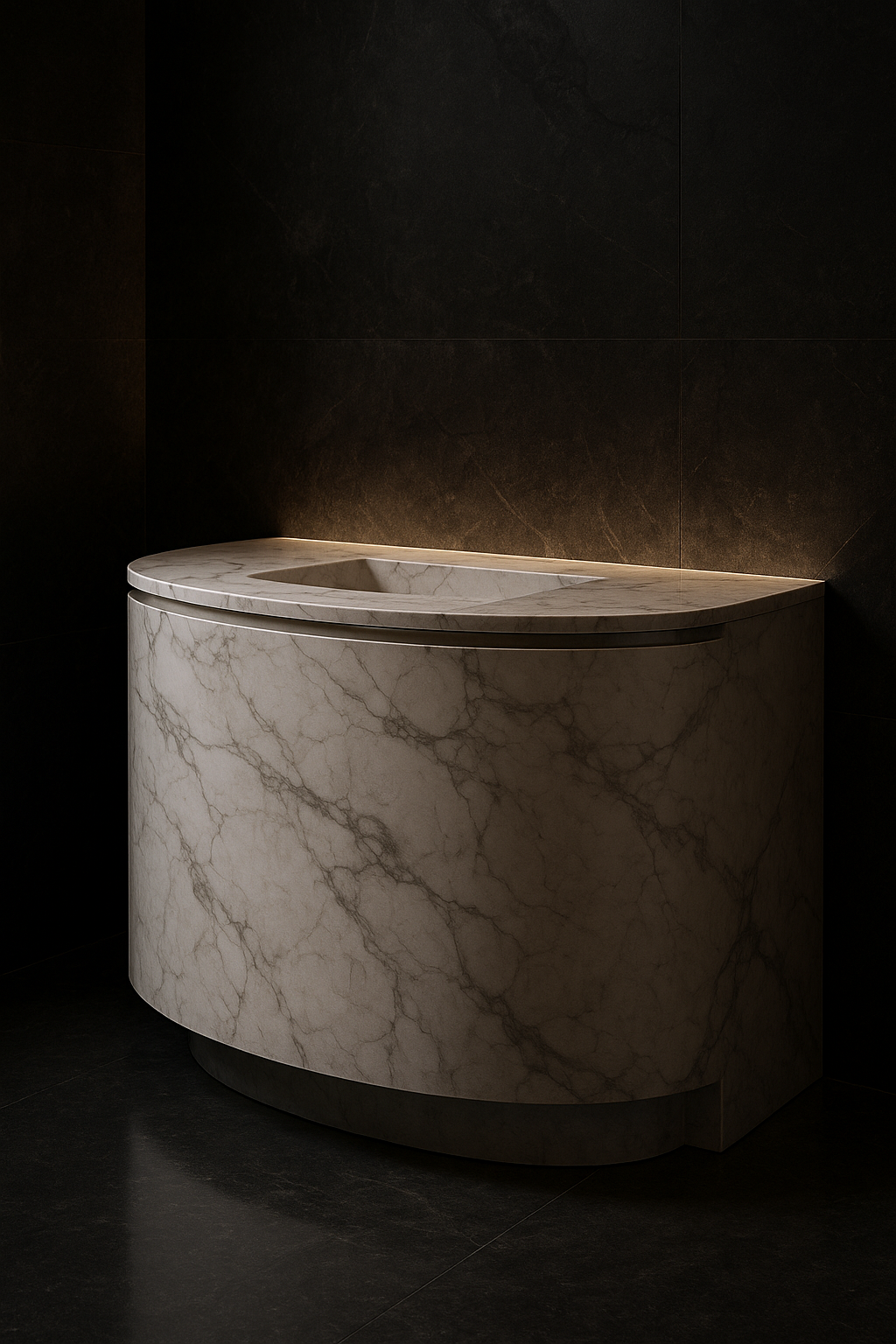 Cirrus — Curved-Front Vanity in a dark luxury setting