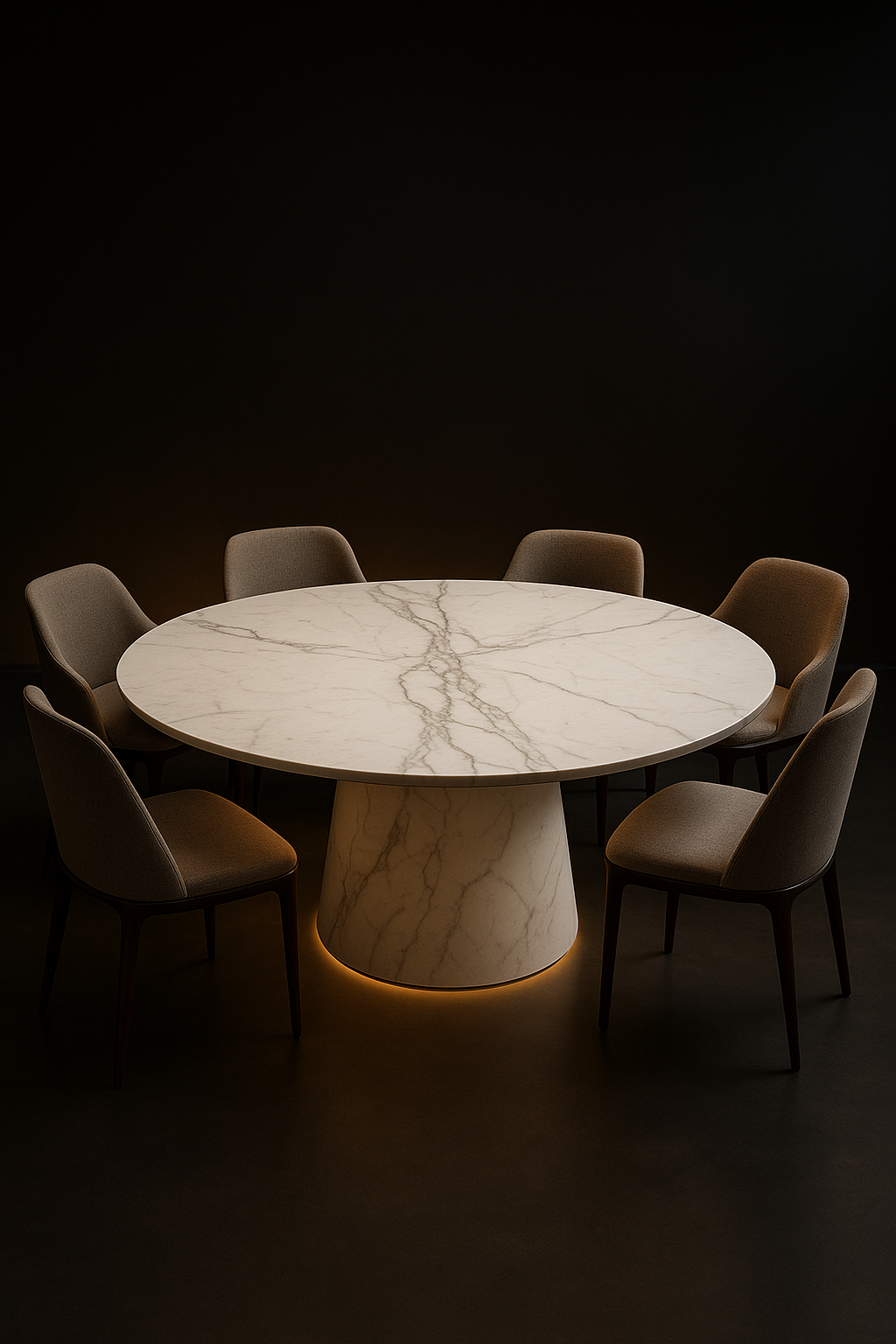 Cirrus — Round Corian Dining Table in a dark luxury setting