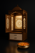 Contemporary Corian Shrine with Full Sliding Door in a dark luxury setting