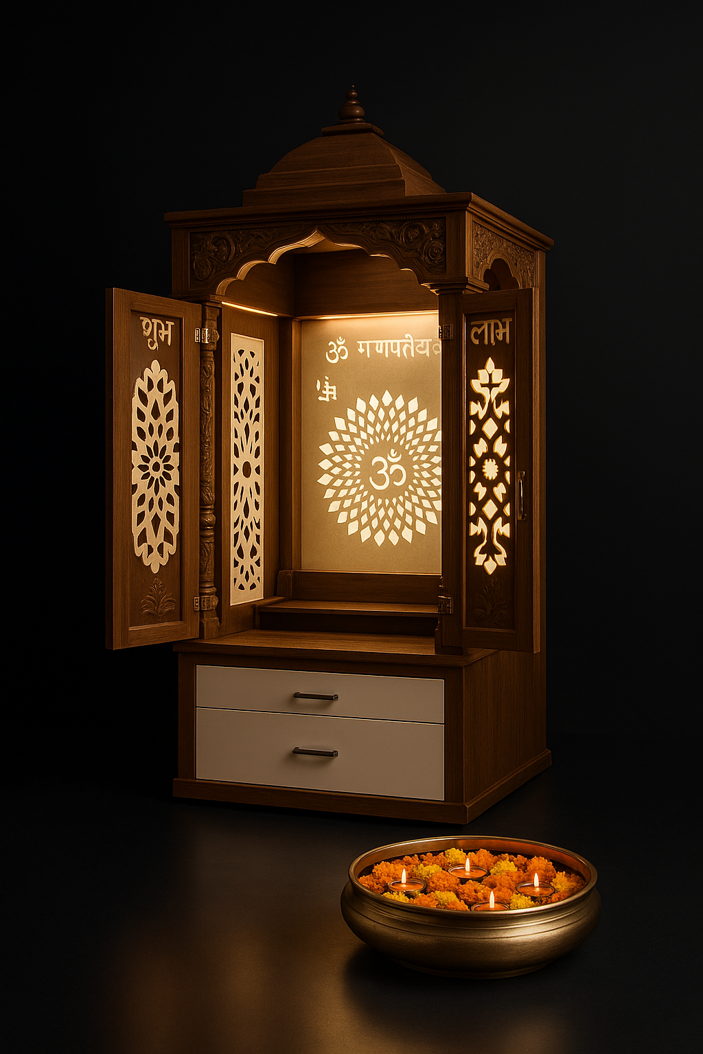 Contemporary Corian Shrine with Full Sliding Door in a dark luxury setting
