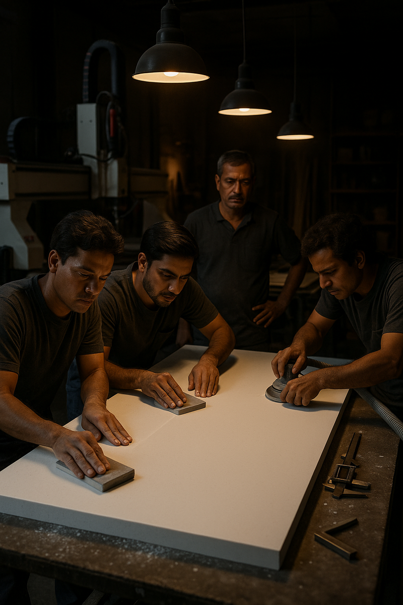 Artisans hand-finishing solid-surface Corian in the Corian Hub Mumbai atelier