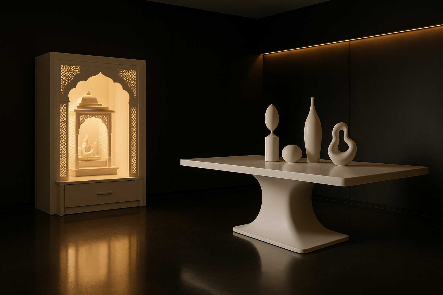 Corian Hub atelier — backlit Corian mandir and seamless Corian dining table in a dark luxury showroom