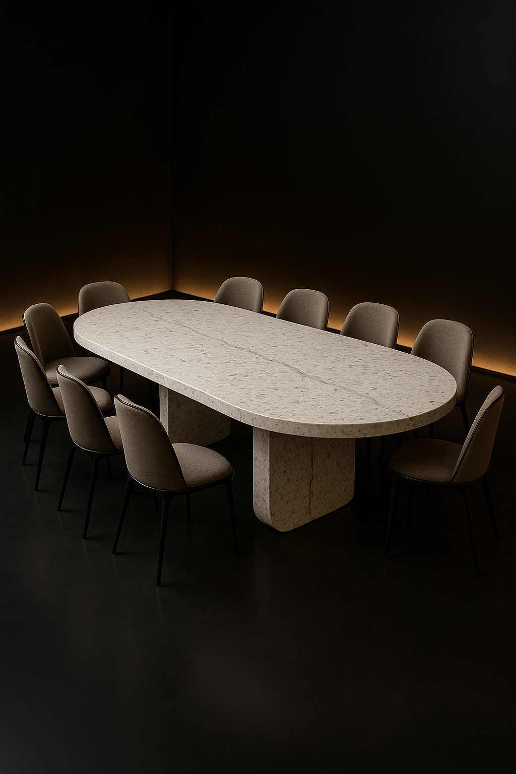 Cove — Oval Corian Dining Table in a dark luxury setting