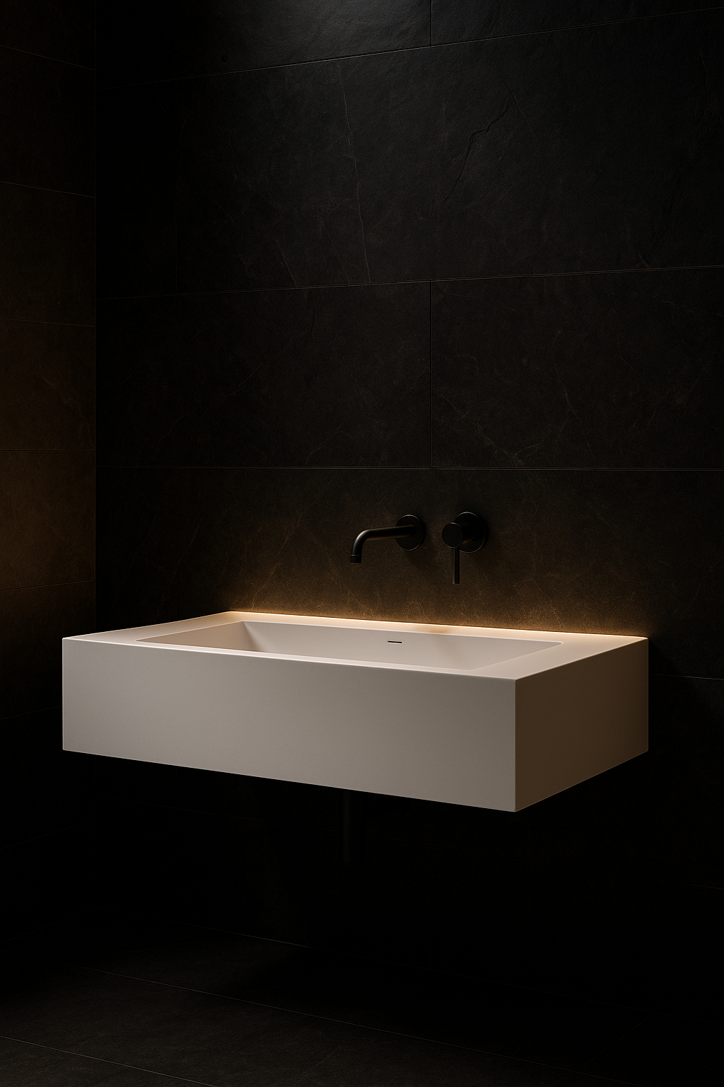 Crescent — Trough-Basin Vanity in a dark luxury setting