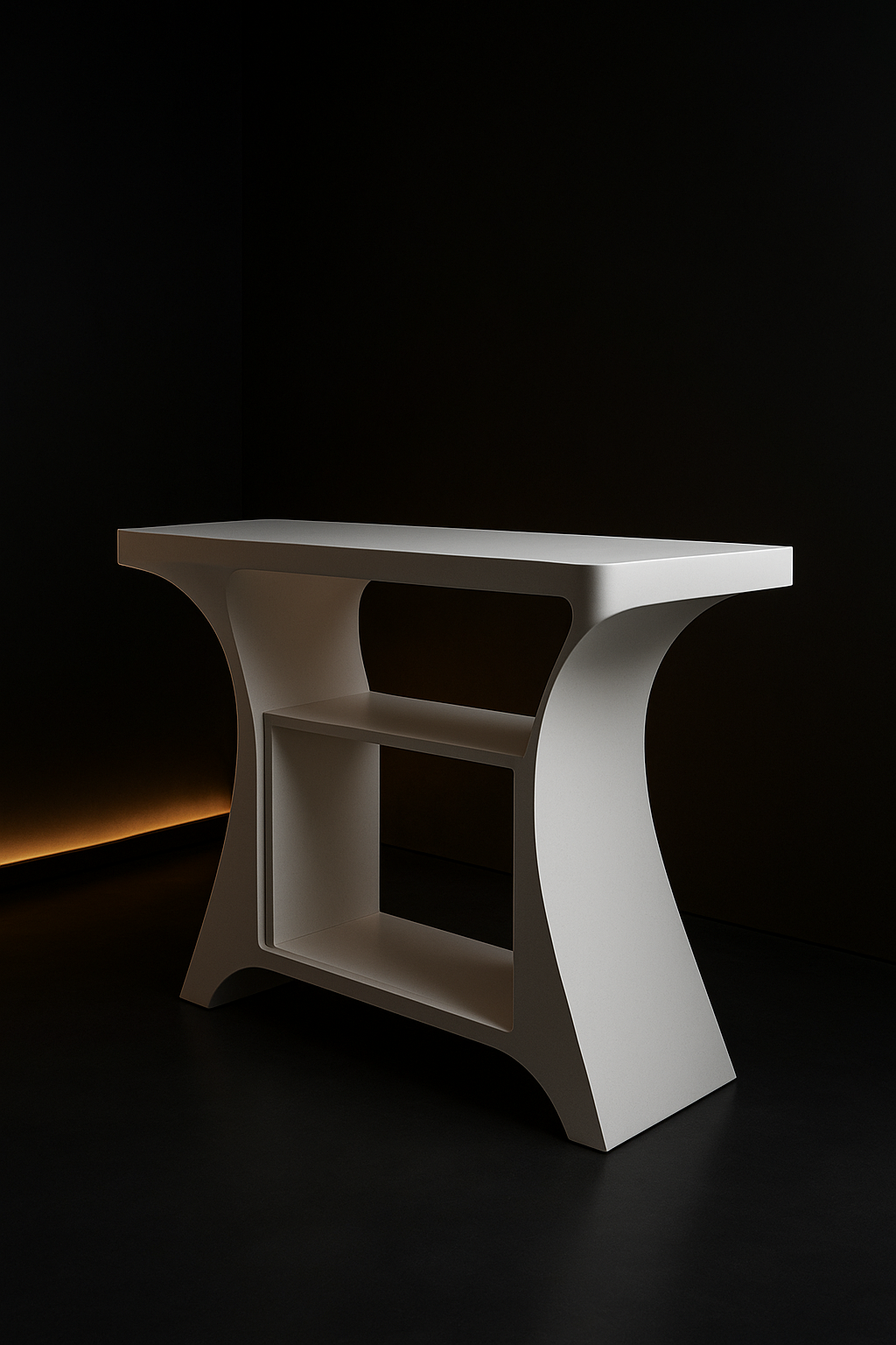 Crescent — Sculptural Pedestal Console in a dark luxury setting