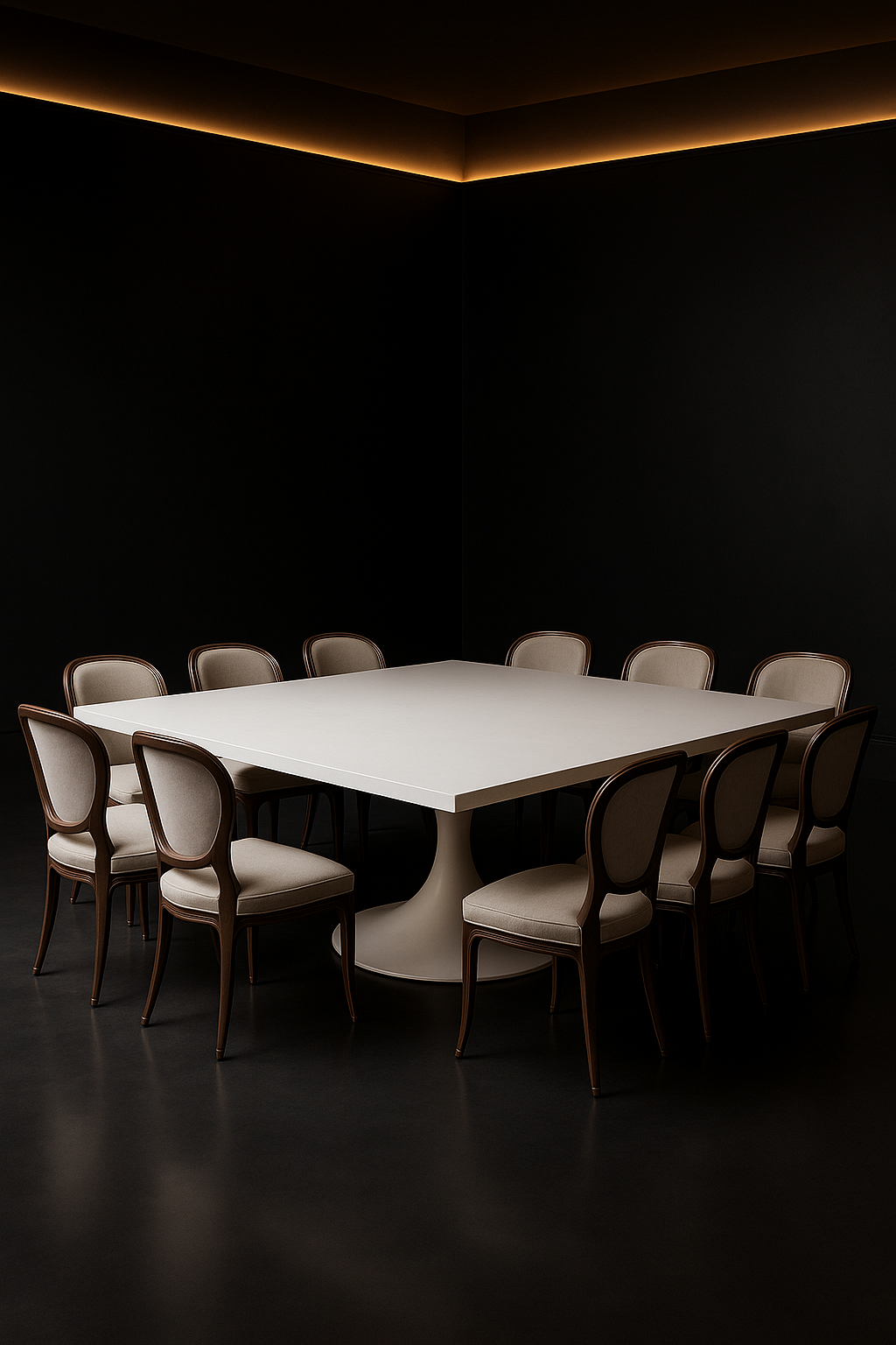Cumulus — Square Corian Dining Table in a dark luxury setting