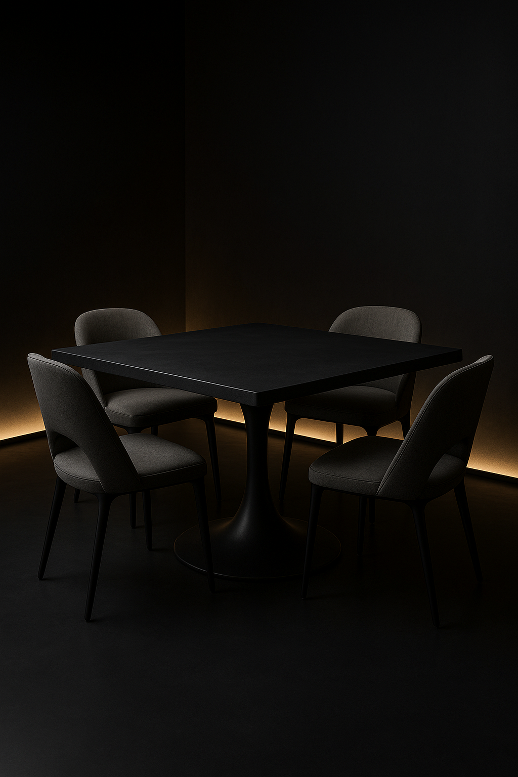 Drift — Square Corian Dining Table in a dark luxury setting