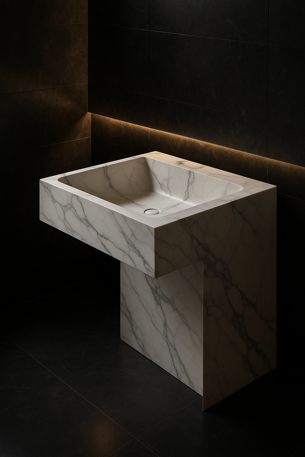 Dune — Vessel-Basin Counter Vanity in a dark luxury setting