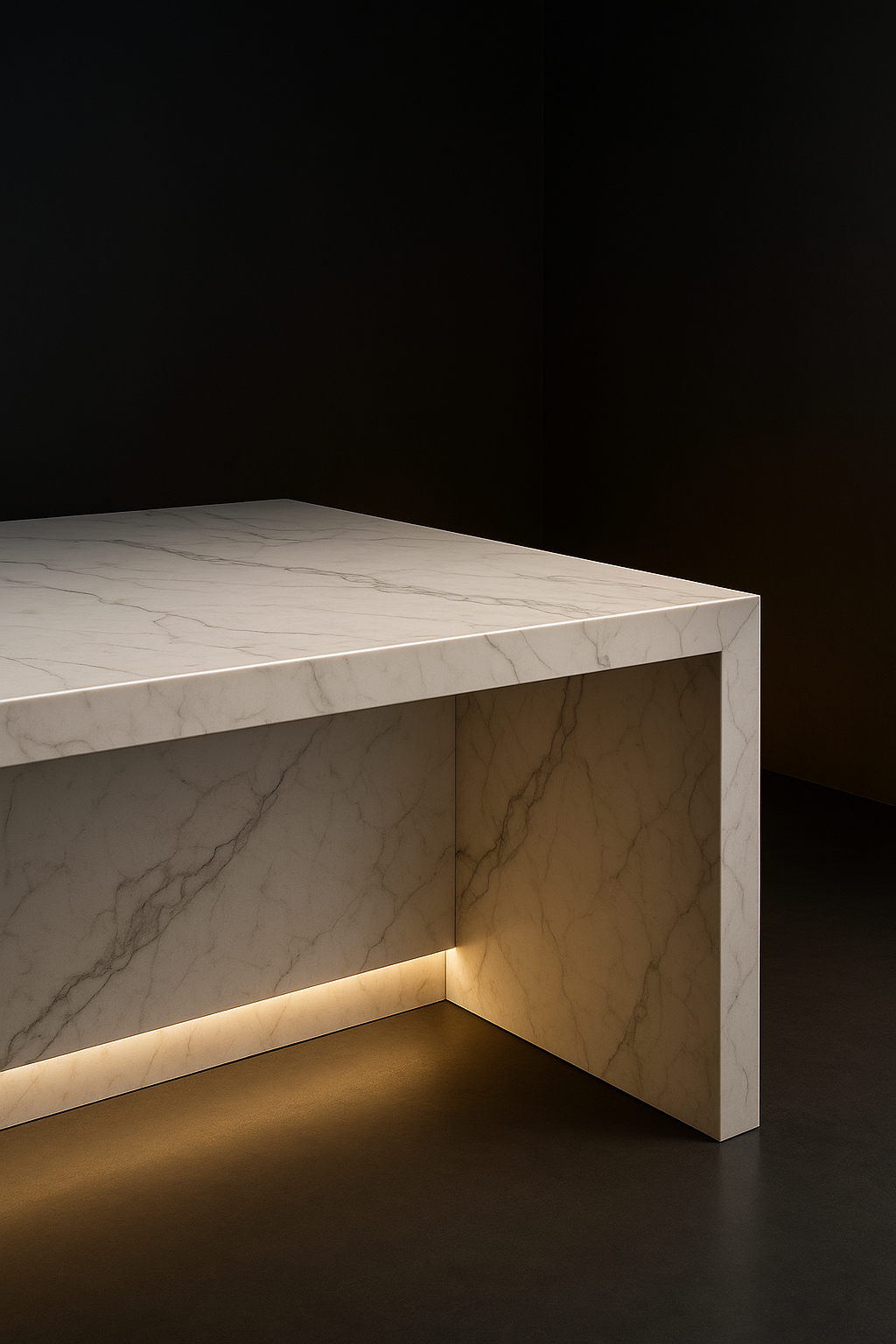 Dune — Waterfall-Edge Worktop in a dark luxury setting