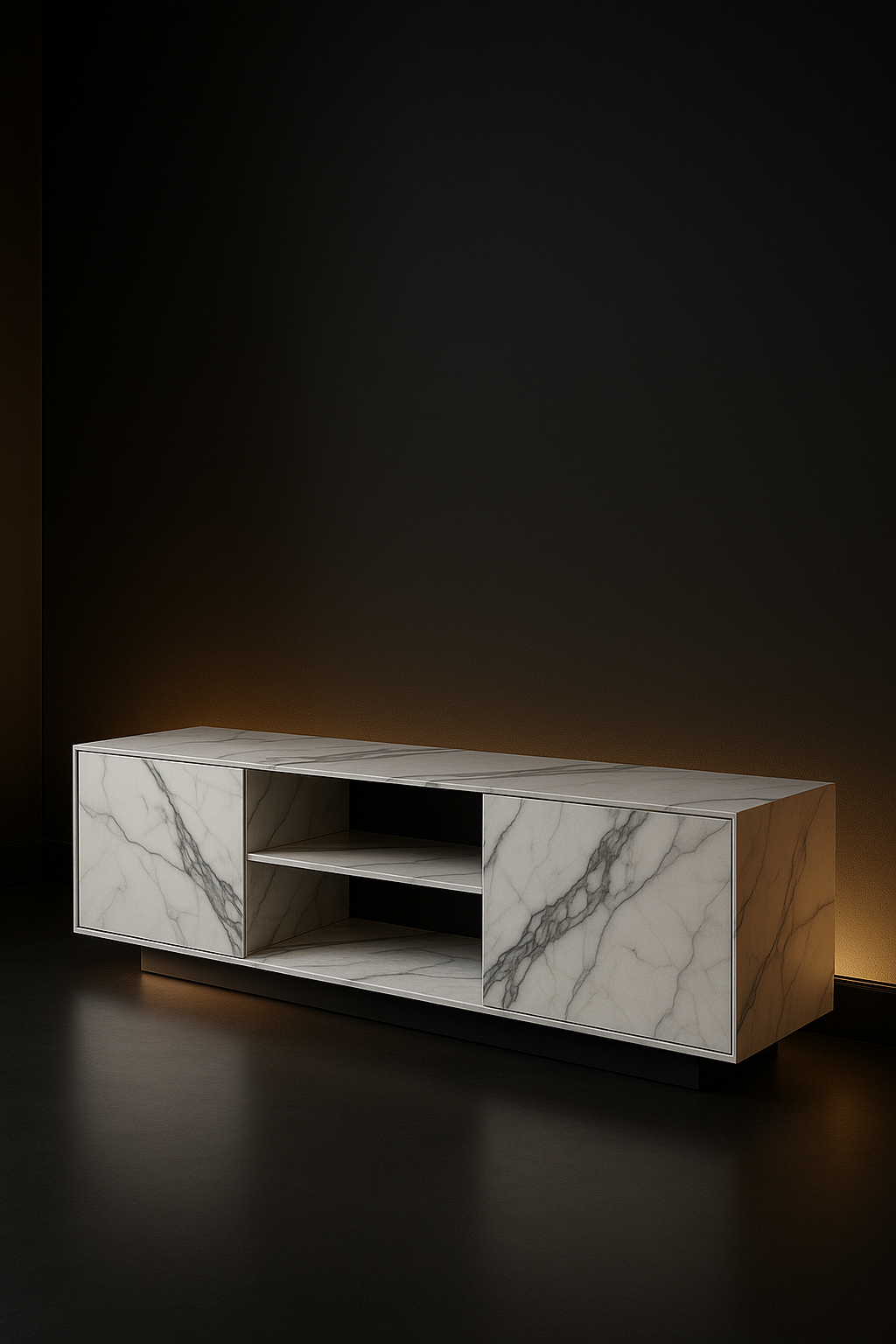 Dune — Console-Media Unit in a dark luxury setting