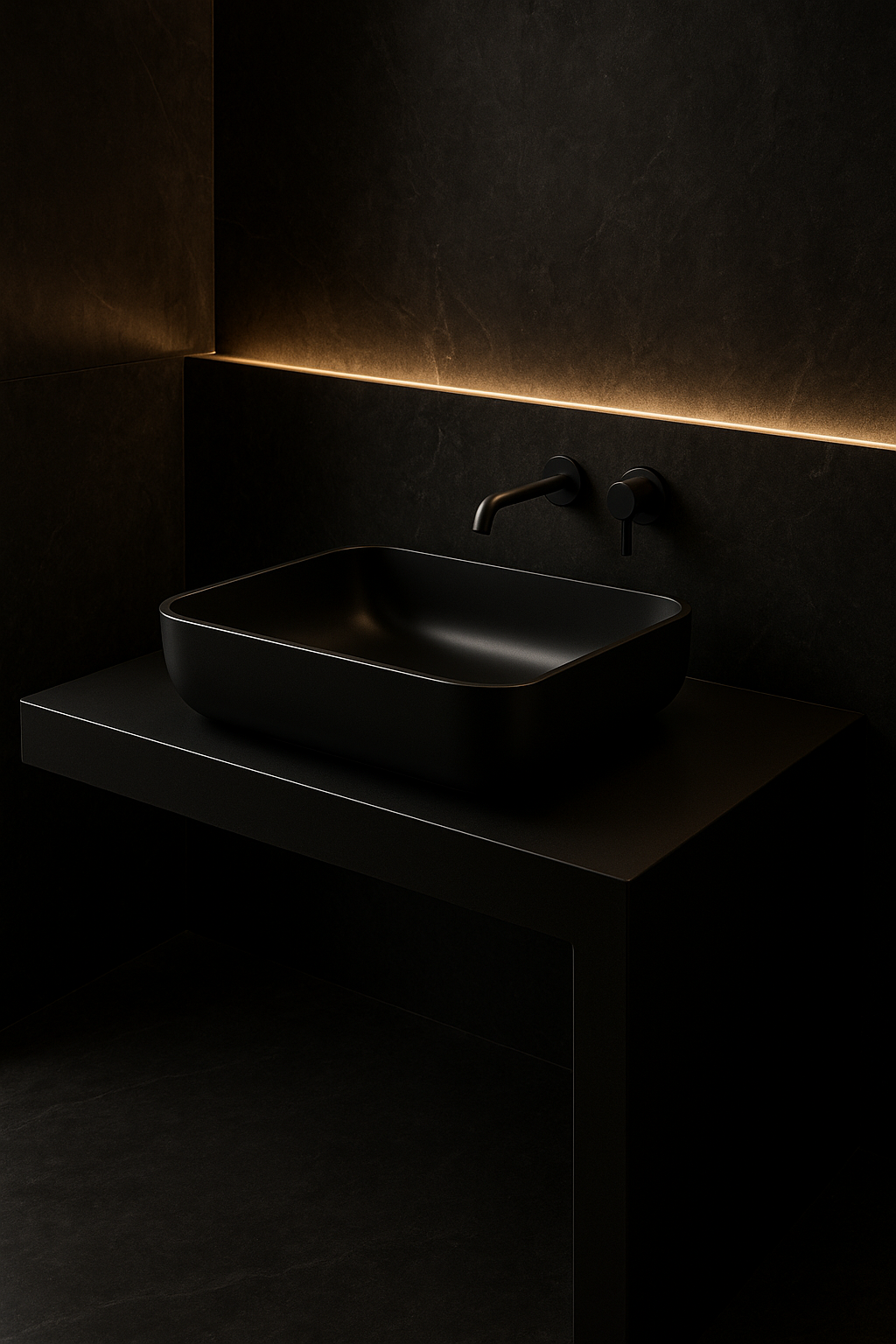 Eclipse — Vessel-Basin Counter Vanity in a dark luxury setting