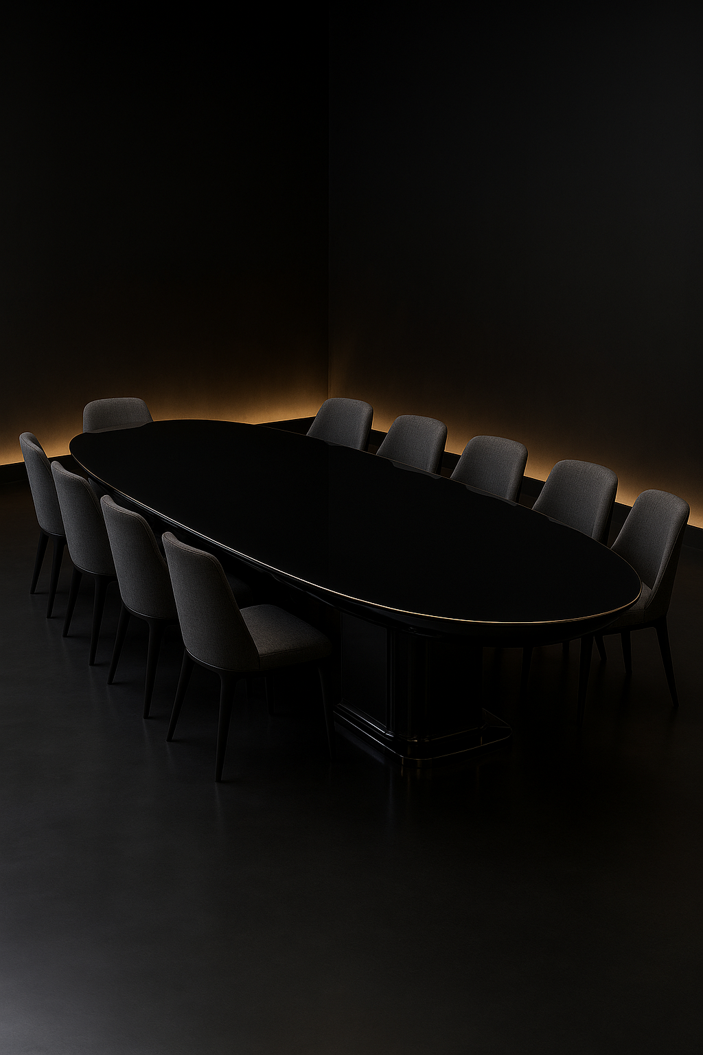 Eclipse — Boat-Shaped Corian Dining Table in a dark luxury setting