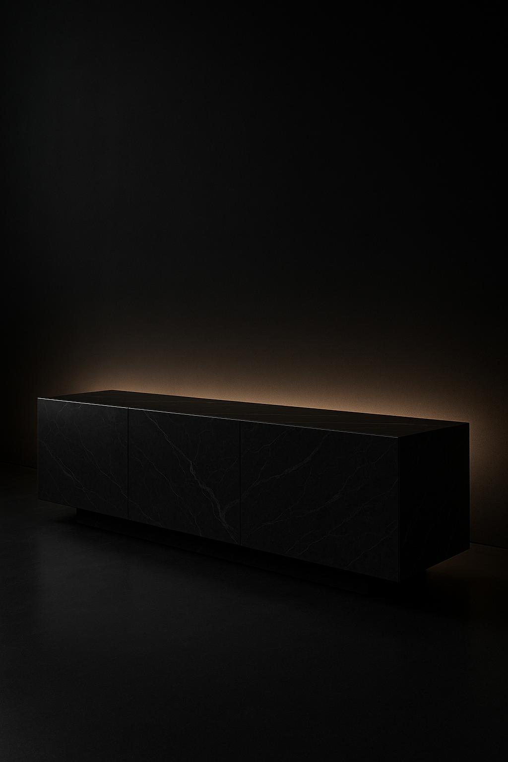 Eclipse — Console-Media Unit in a dark luxury setting