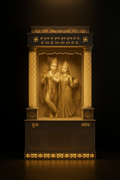 Elegant 3D Corian Pooja Space with Round Pillars and Shloka Engravings in a dark luxury setting