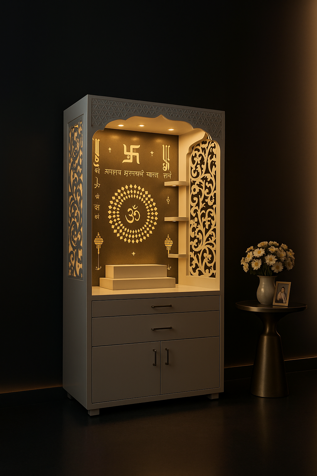 Elegant 5.5ft Corian Pooja Unit with Custom Shelving in a dark luxury setting
