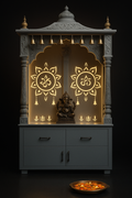 Elegant Acrylic Pooja Unit with Intricate Jali Design in a dark luxury setting