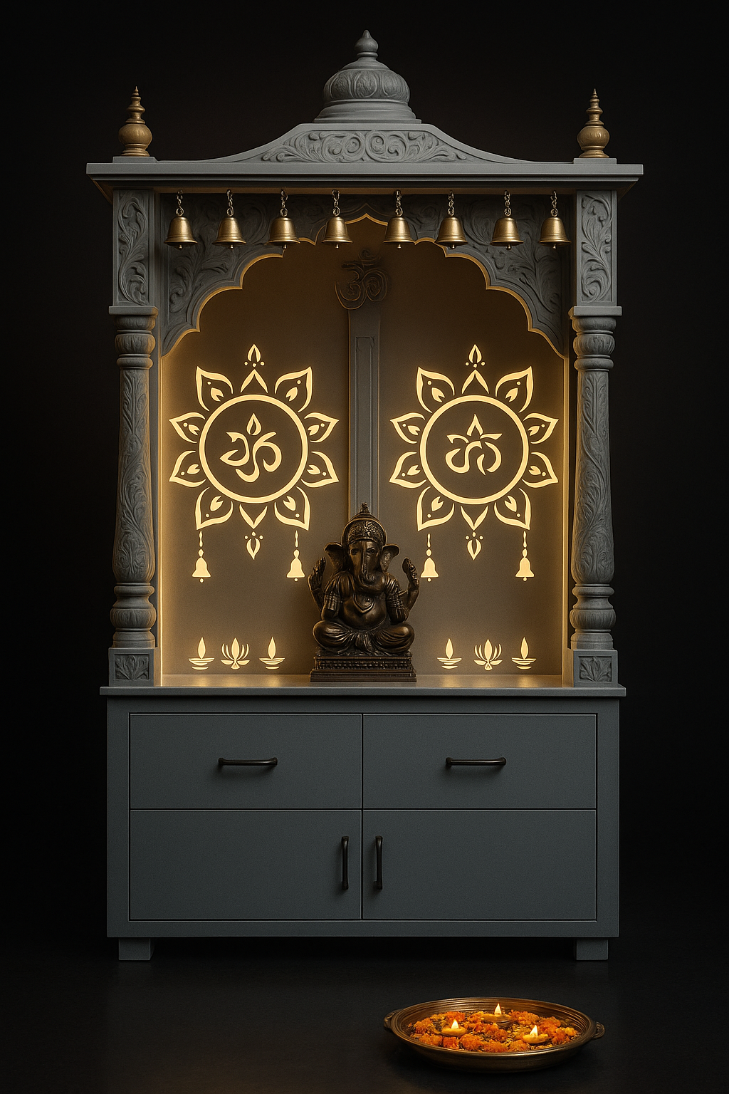 Elegant Acrylic Pooja Unit with Intricate Jali Design in a dark luxury setting