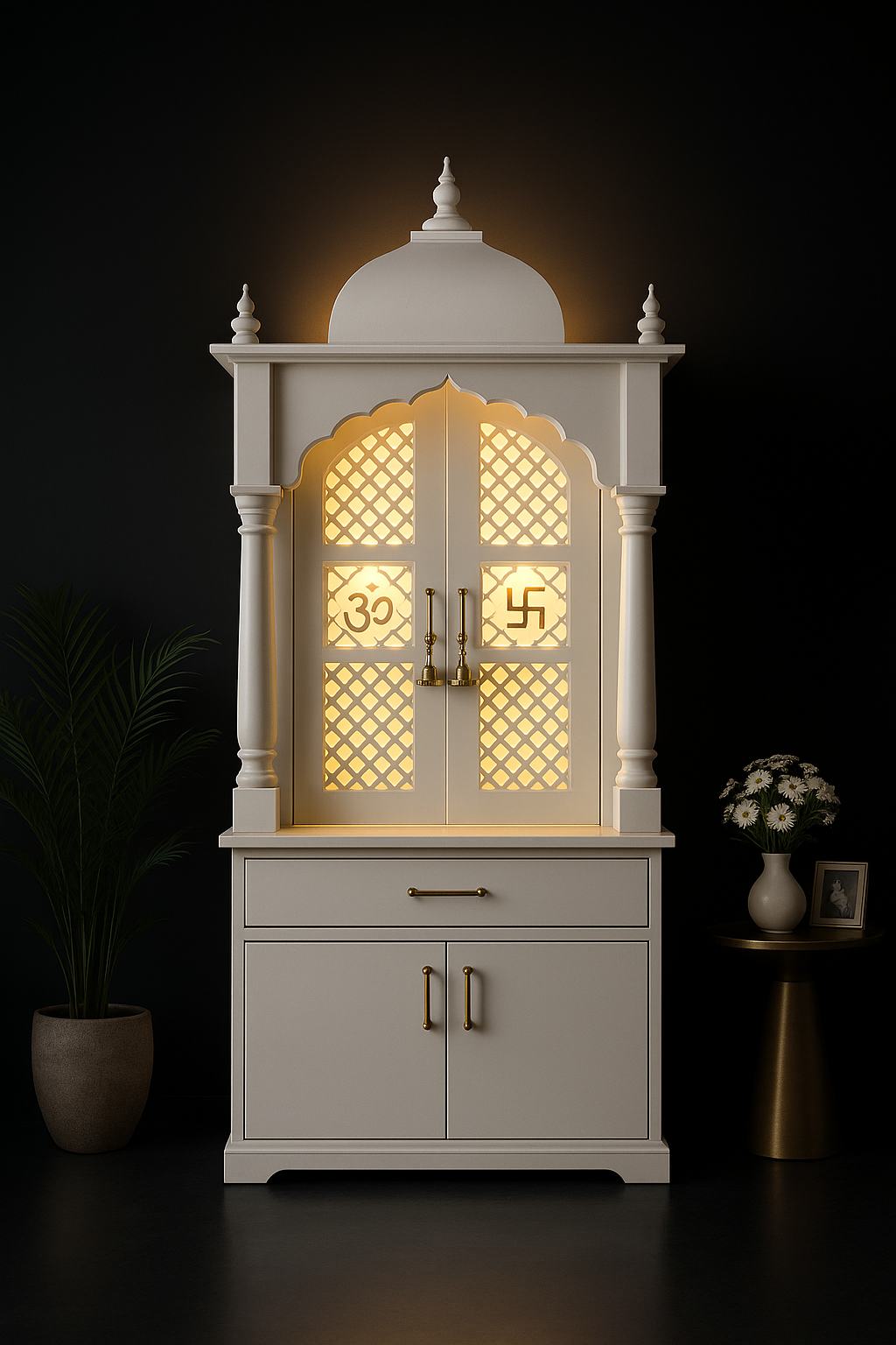 Elegant Carved Pocket Door Corian Shrine in a dark luxury setting